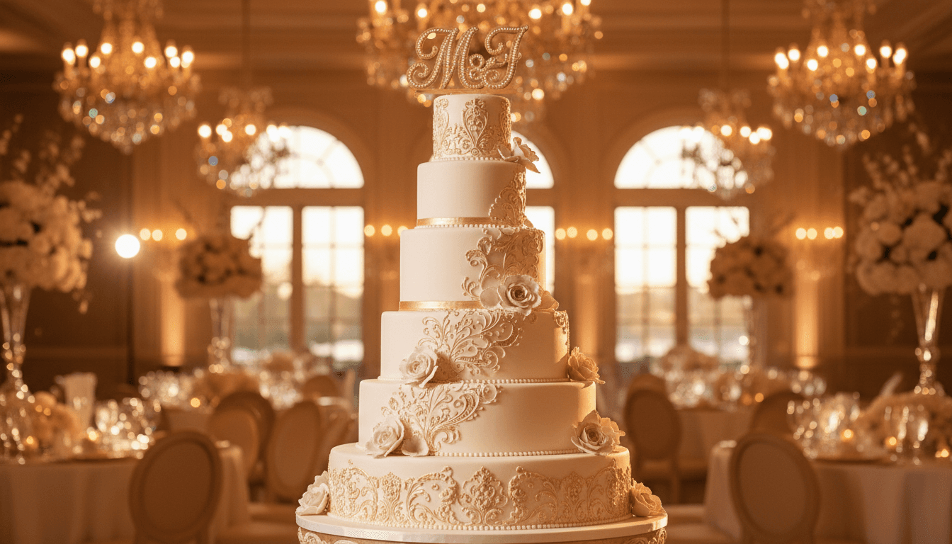 Premium multi-tiered wedding cake with gold accents