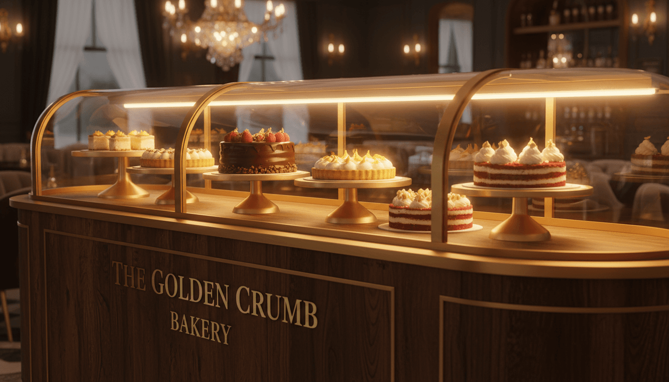 Premium cakes displayed in luxury bakery with warm golden lighting and dark wood textures