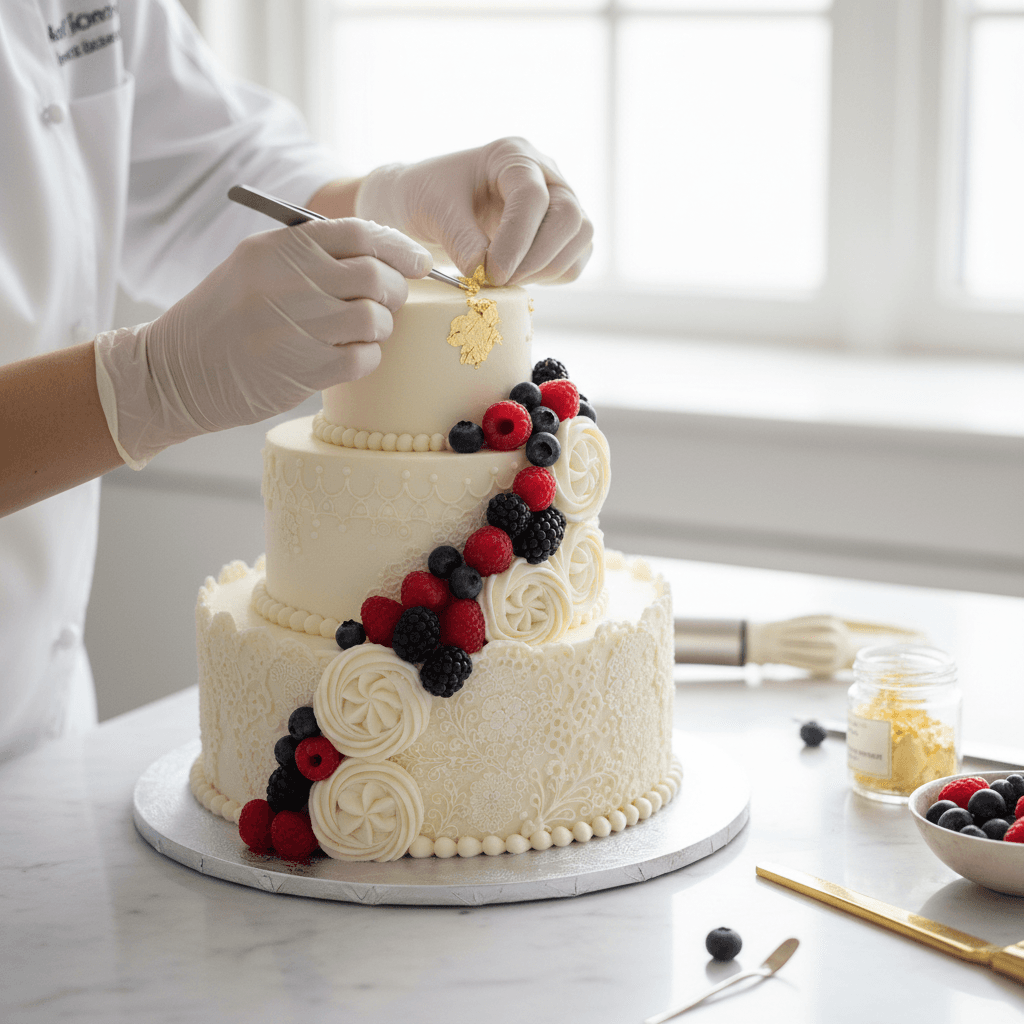 Pastry chef's hands placing gold leaf and berries on an ornate, multi-tiered wedding cake in soft natural light