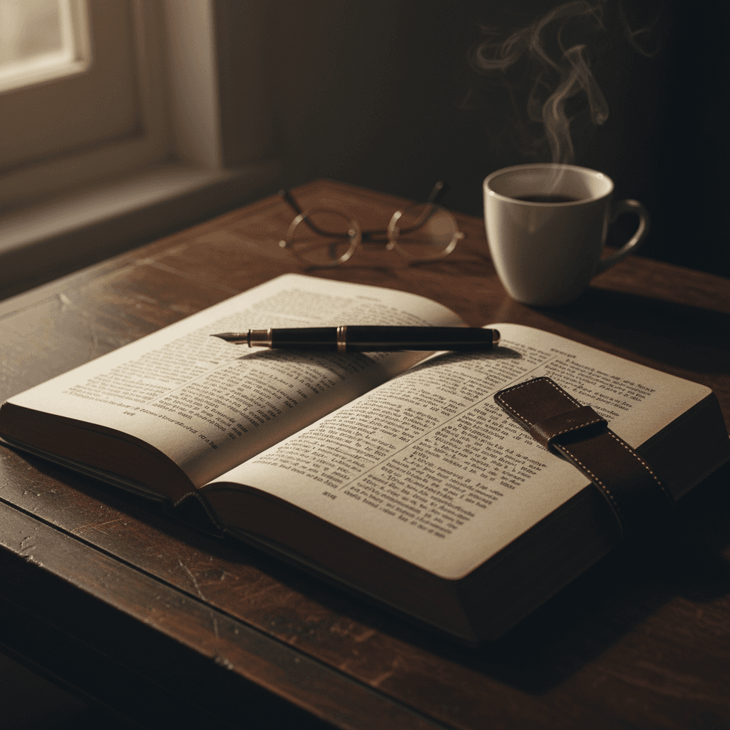 Close-up of open hardcover book with weathered pages, reading glasses, and coffee cup in soft natural window light