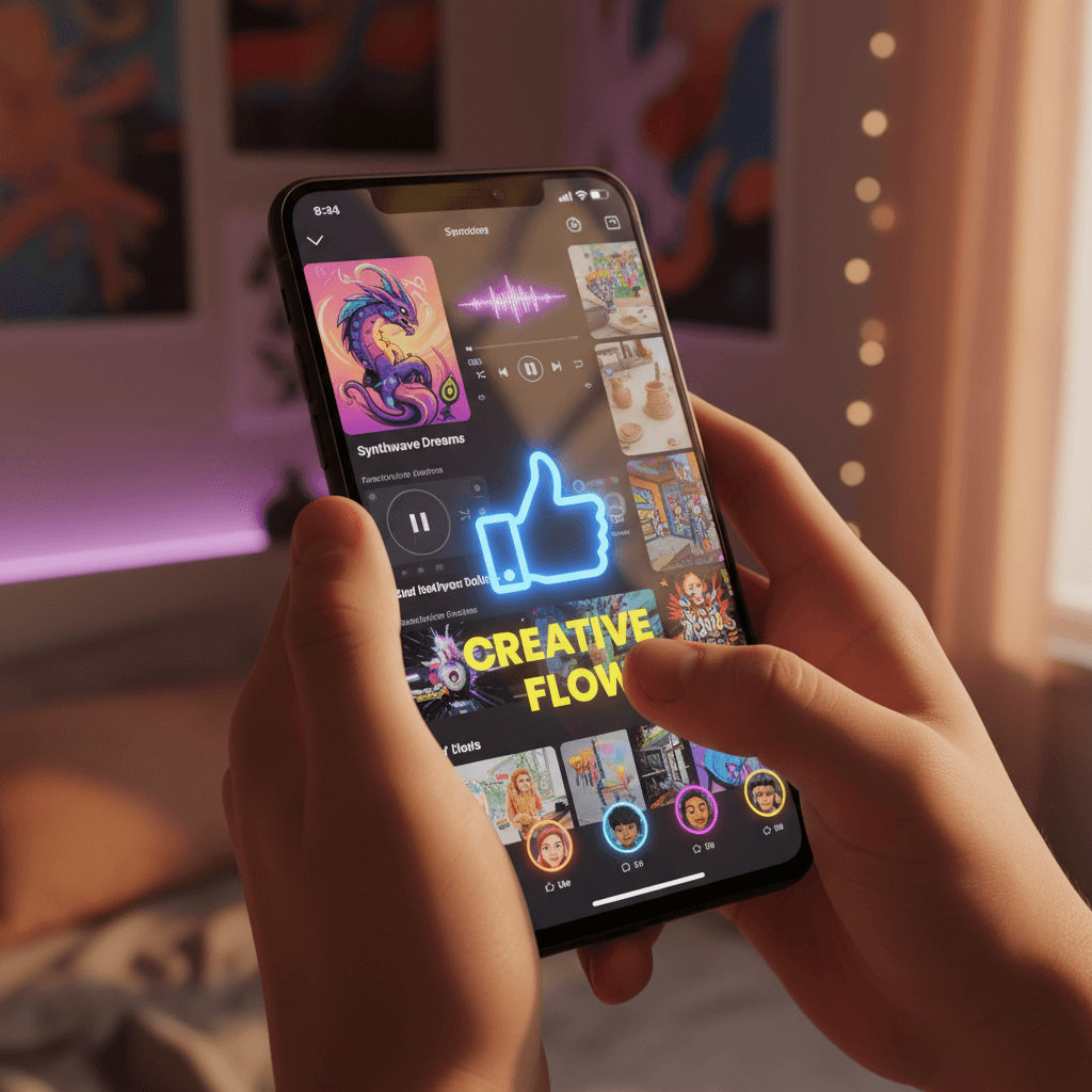 Teen's hands scrolling through colorful social media feed on smartphone, showing user-generated artwork and music content