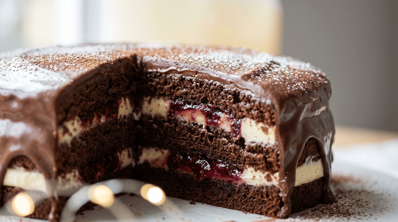 Layered chocolate cake with cream filling in soft window light, showcasing rich textures and luxurious ganache coating