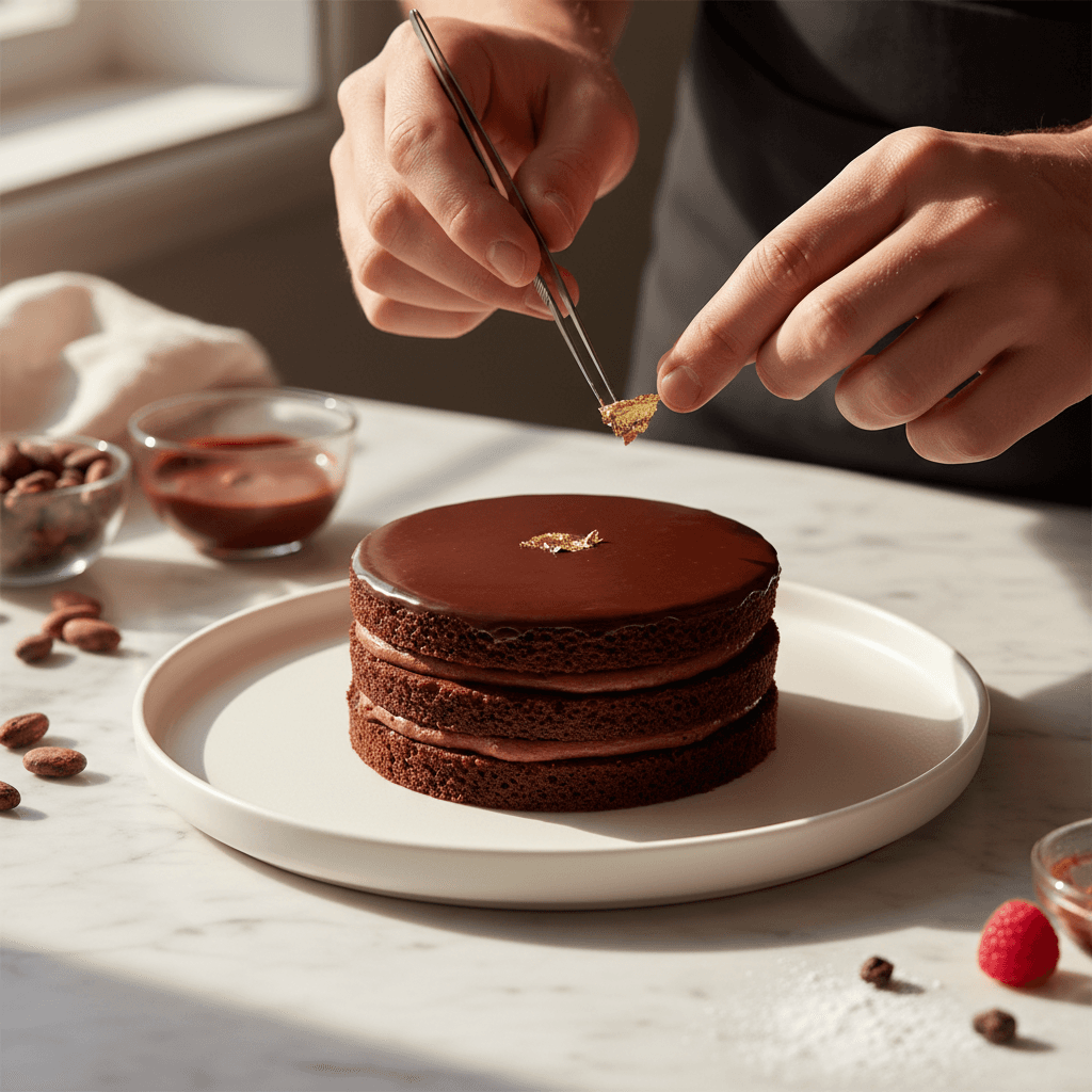 Pastry chef's hands delicately placing gold leaf on a luxury multi-layered chocolate cake in professional bakery