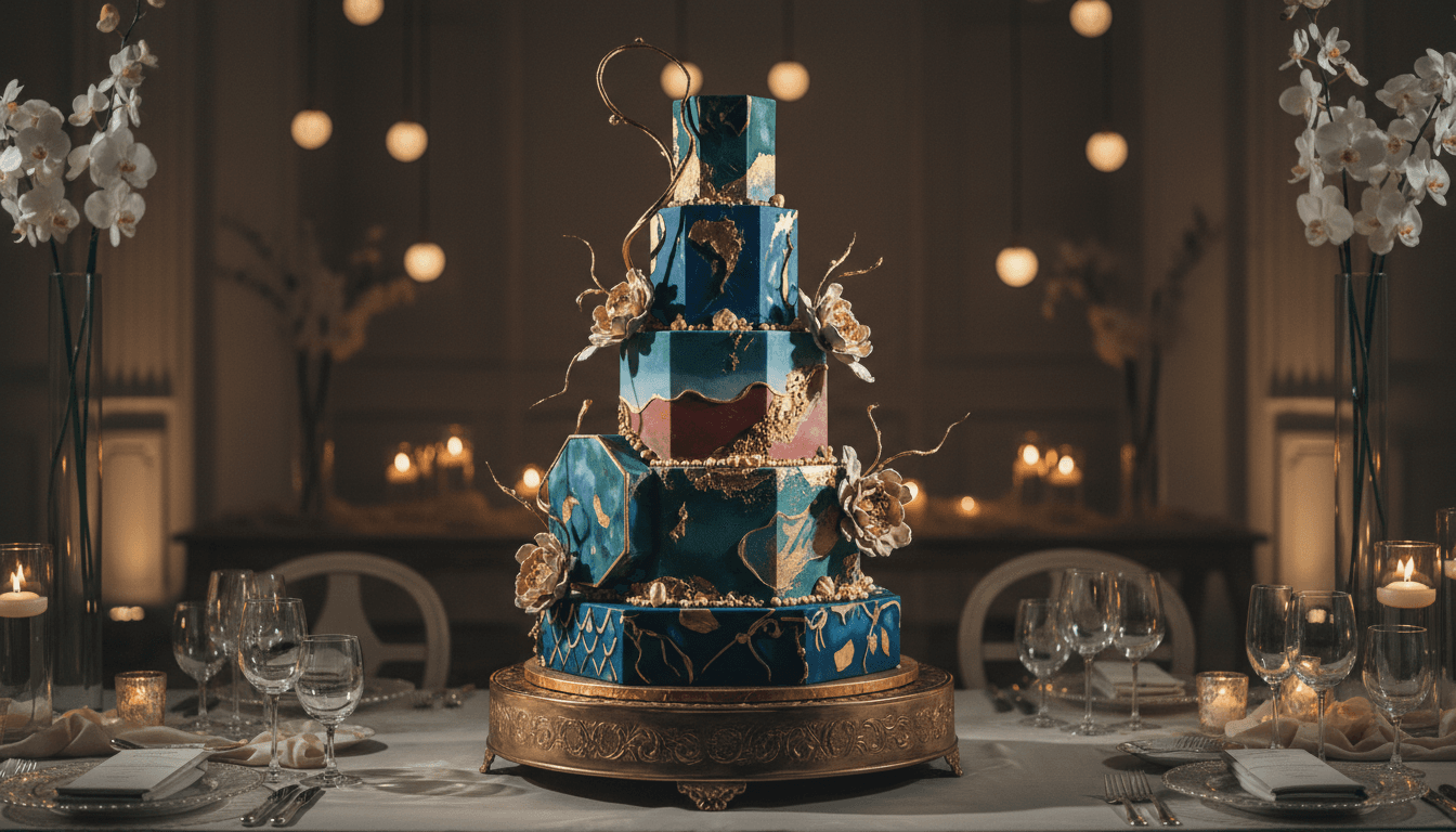 Stunning custom-designed multi-tiered wedding cake displayed as elegant centerpiece with hand-painted details and luxurious embellishments