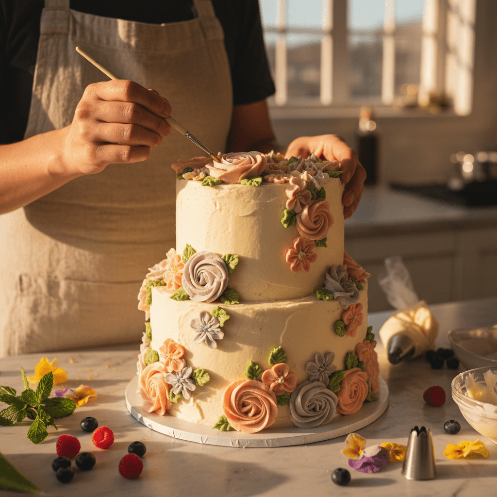 Baker's hands piping delicate buttercream flowers onto a multi-tiered cake on marble surface with natural light