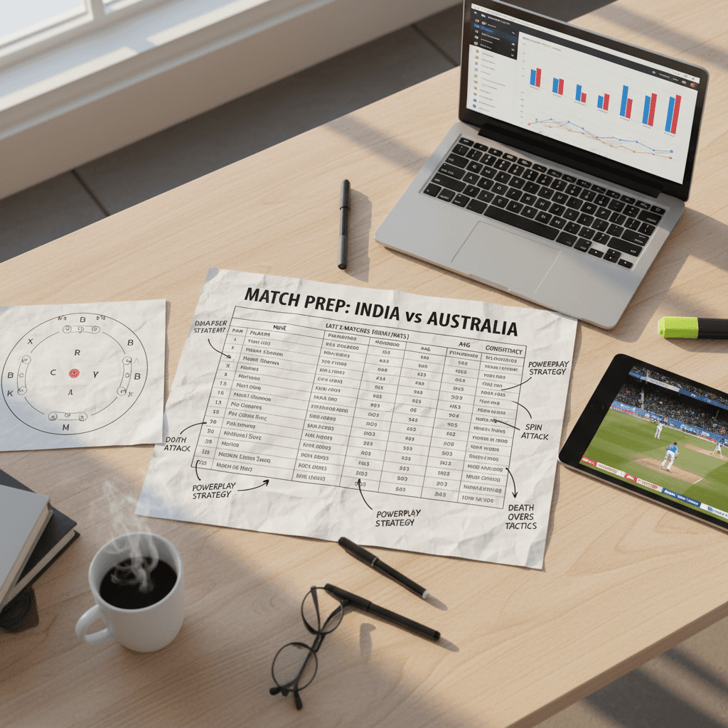 Cricket analyst's workspace with statistics sheets, laptop showing analytics dashboards, and strategic planning notes on wooden desk
