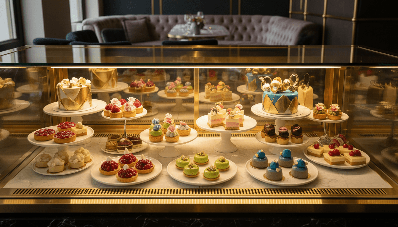 Upscale pastry shop display case showcasing artfully arranged premium custom cakes, desserts, and pastries with professional illumination
